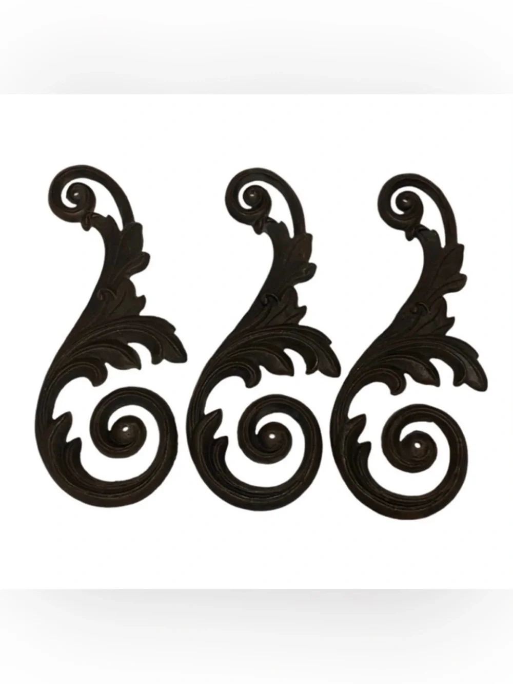 Set of 3 Vintage Dark Brown Swirl Cast Iron Wall Decor Set. Each one 1.6 lbs.